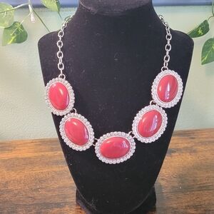 Chunky Silver Tone Necklace with Red Oval Faux Stones & CZ Halo 18-20" Statement